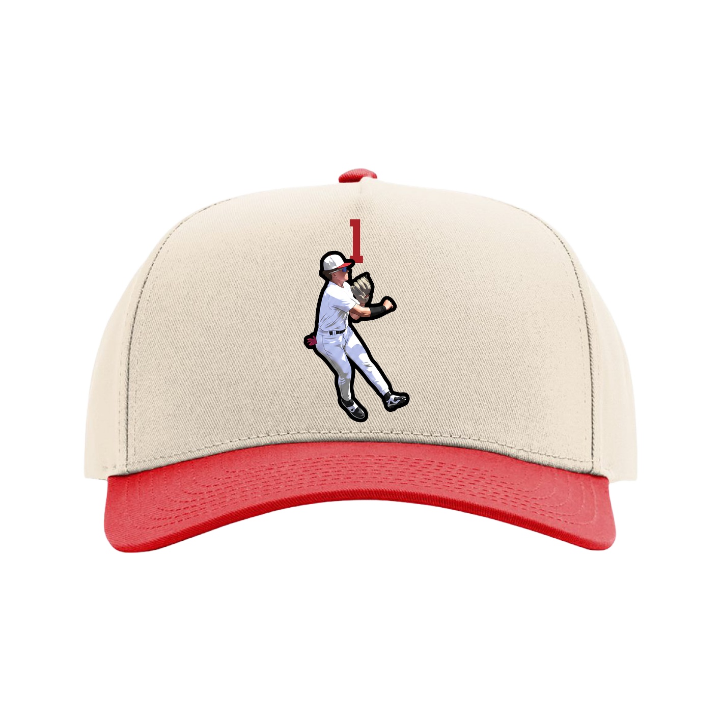 Full Fabric Five-Panel Champ Cap — Number Top in Cream/Red