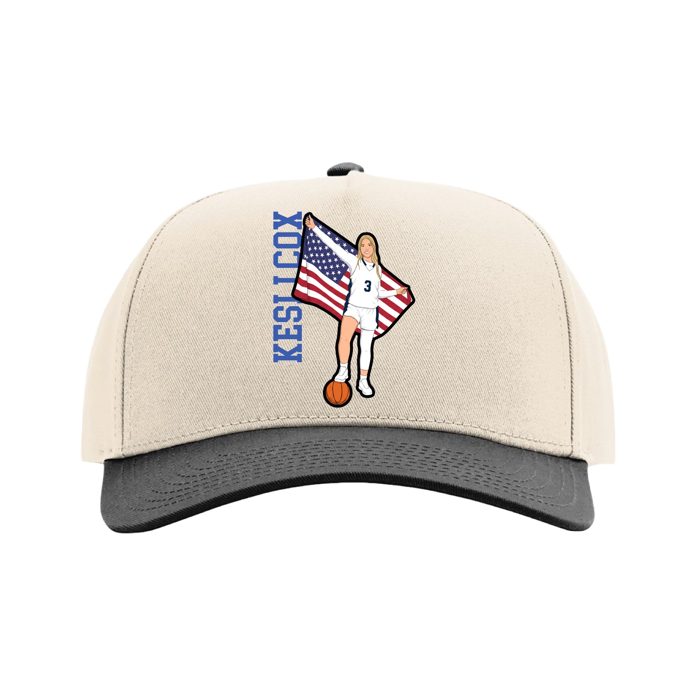 Full Fabric Five-Panel Champ Cap — Name Vertical in Cream/Black