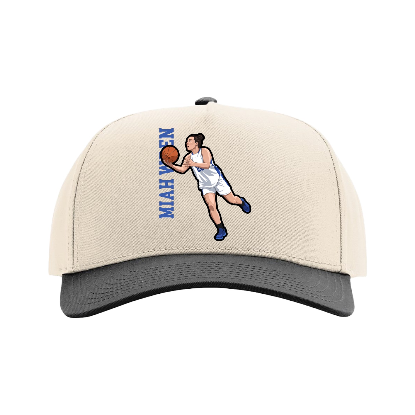 Full Fabric Five-Panel Champ Cap — Name Vertical in Cream/Black