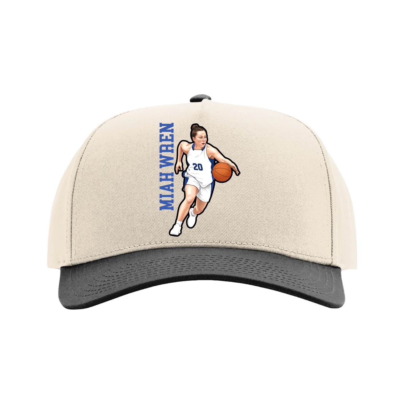 Full Fabric Five-Panel Champ Cap — Name Vertical in Cream/Black