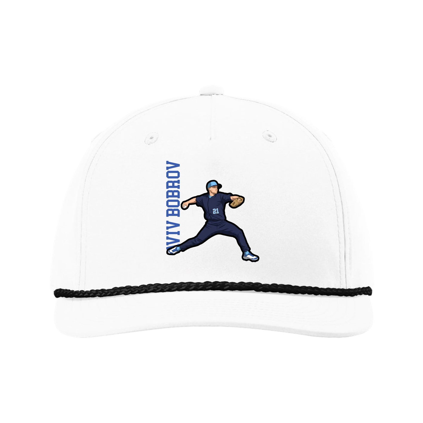 Five-Panel Classic Rope Cap — Name Vertical in White