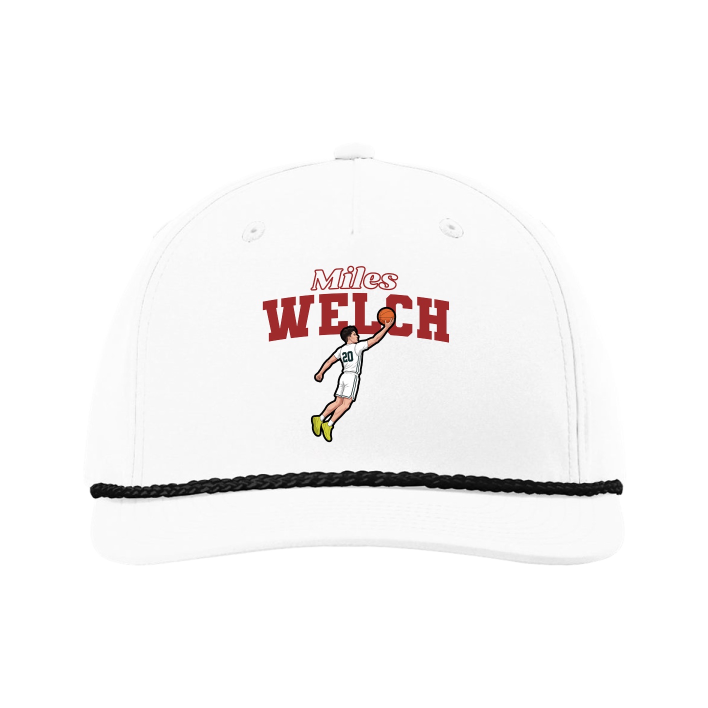 Five-Panel Classic Rope Cap — Name Arch in White