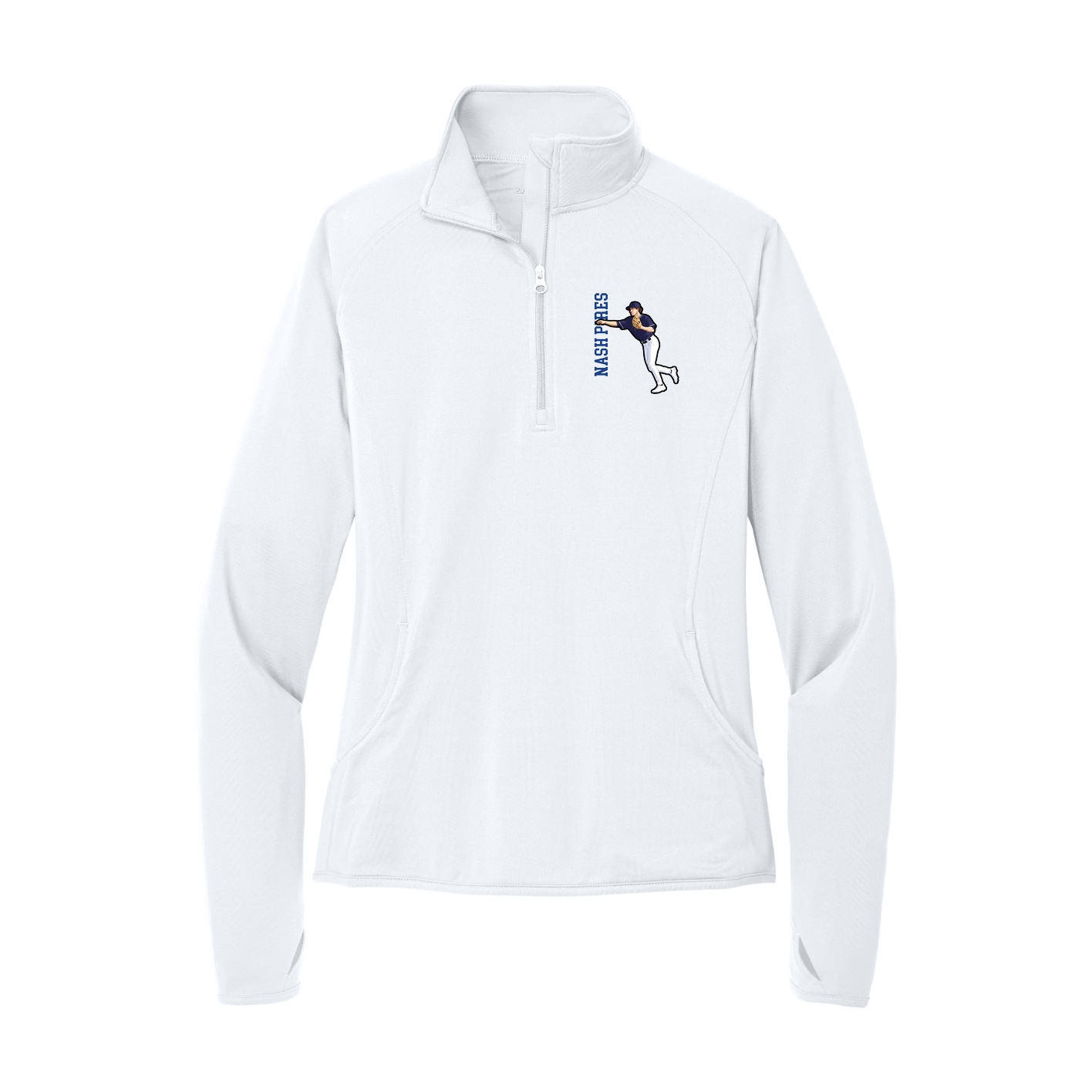 Women's Q-Zip Pullover — Name Vertical in White