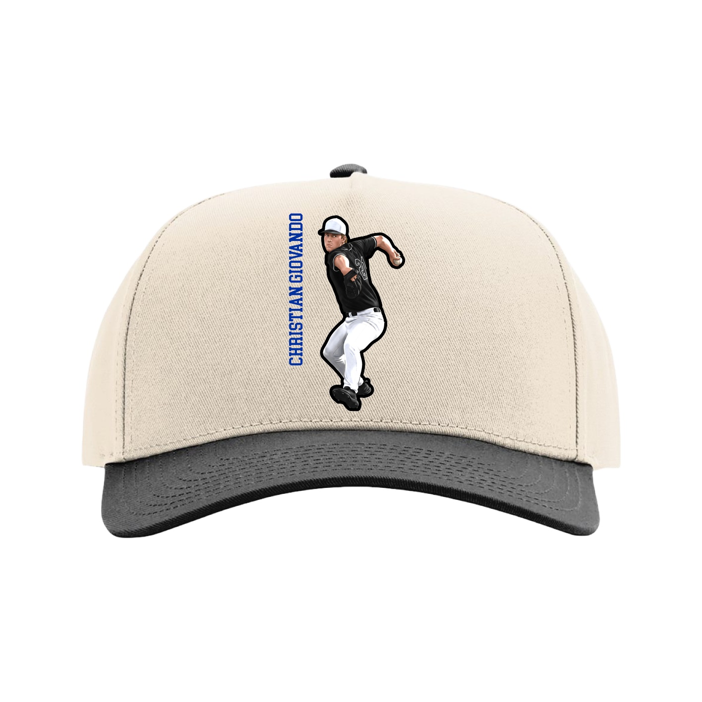 Full Fabric Five-Panel Champ Cap — Name Vertical in Cream/Black