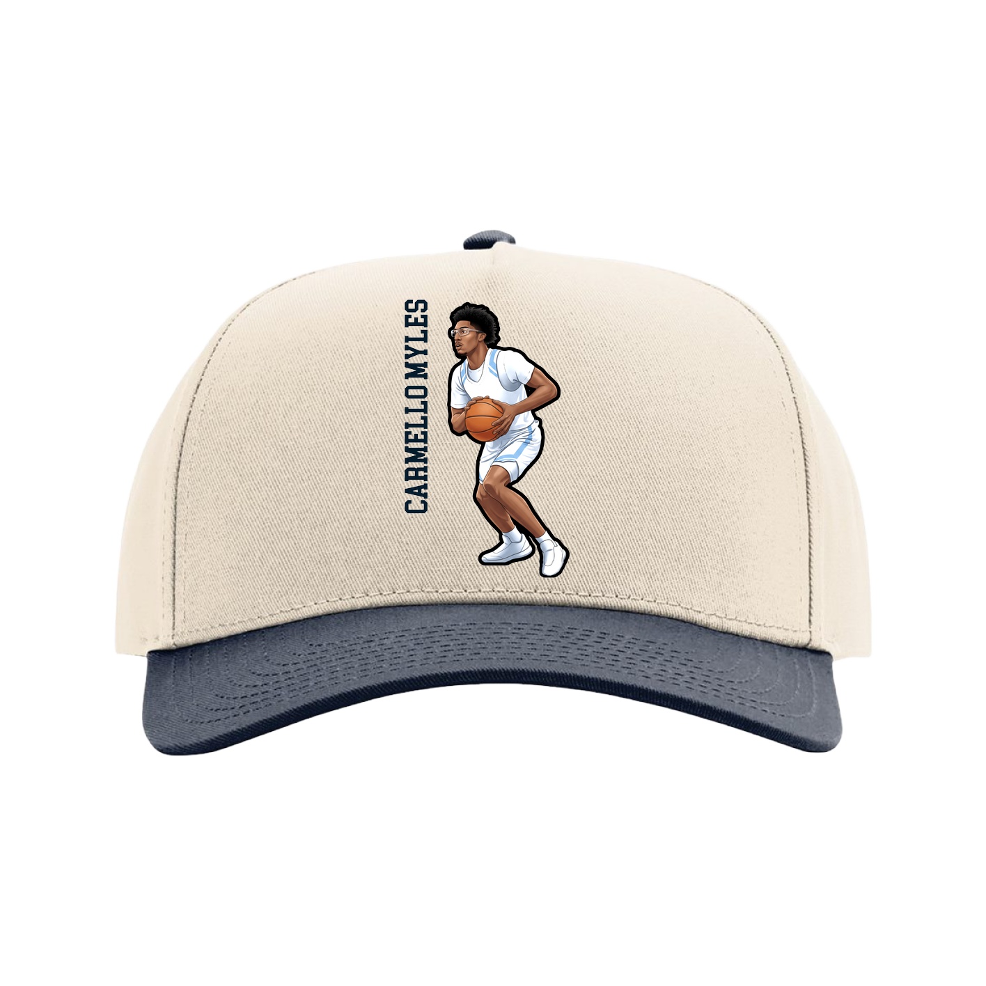Full Fabric Five-Panel Champ Cap — Name Vertical in Cream/Navy
