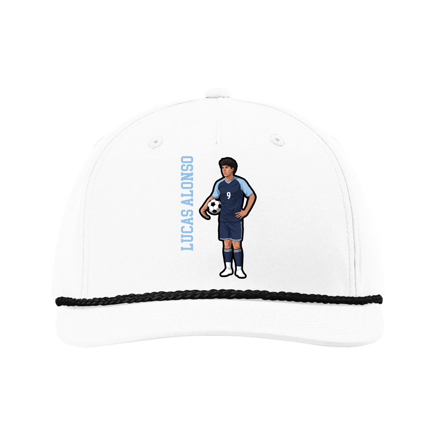 Five-Panel Classic Rope Cap — Name Vertical in White