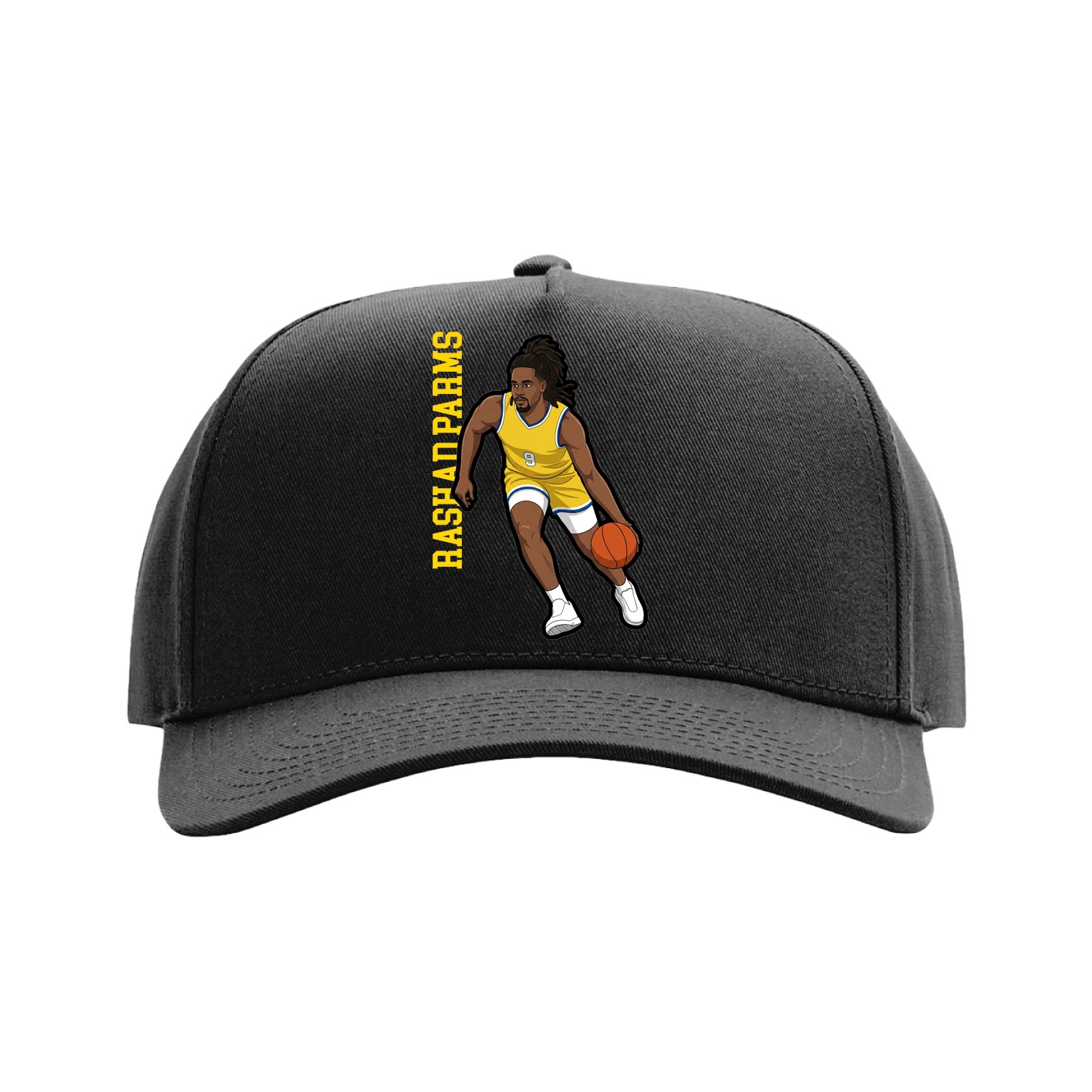 Full Fabric Five-Panel Champ Cap — Name Vertical in Black