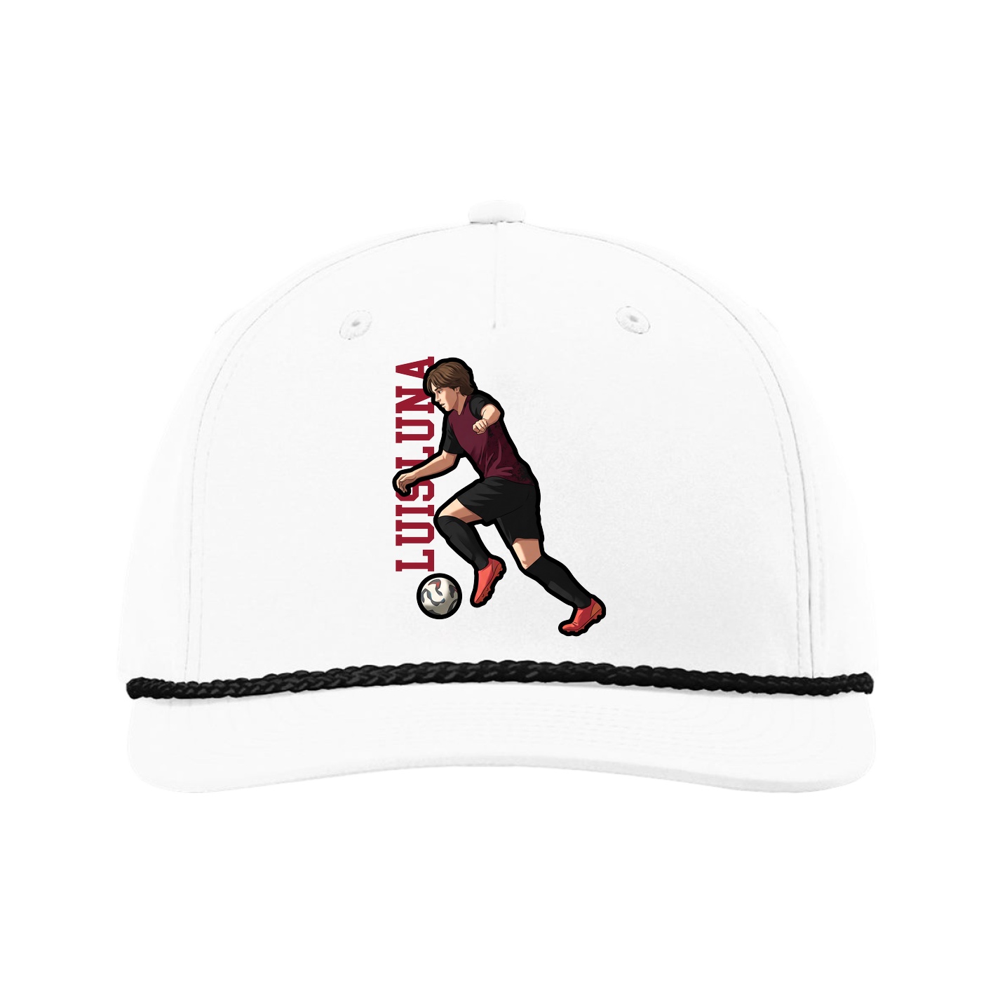Five-Panel Classic Rope Cap — Name Vertical in White