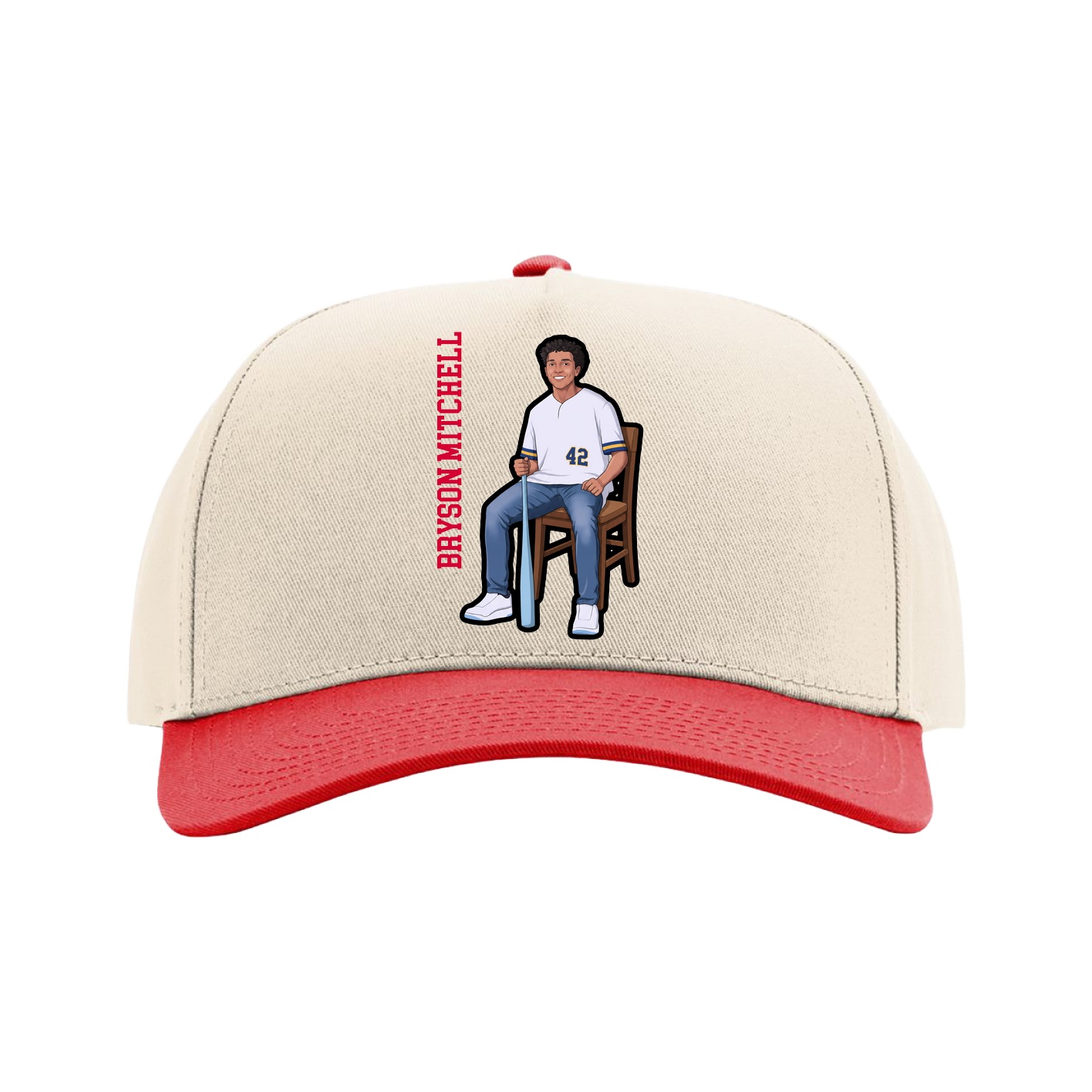Full Fabric Five-Panel Champ Cap — Name Vertical in Cream/Red