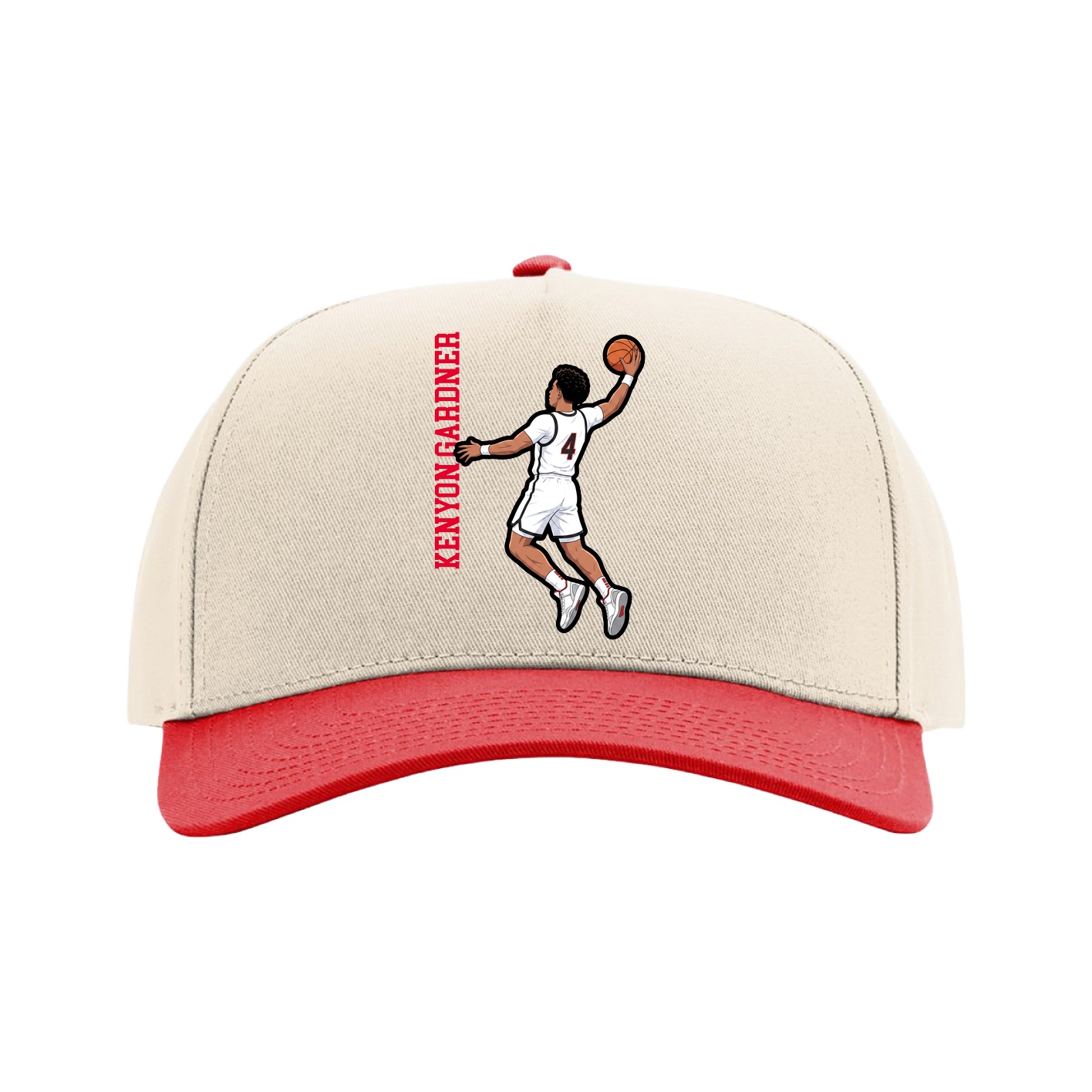 Full Fabric Five-Panel Champ Cap — Name Vertical in Cream/Red