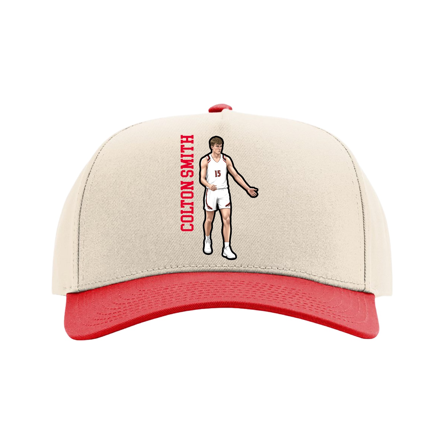 Full Fabric Five-Panel Champ Cap — Name Vertical in Cream/Red