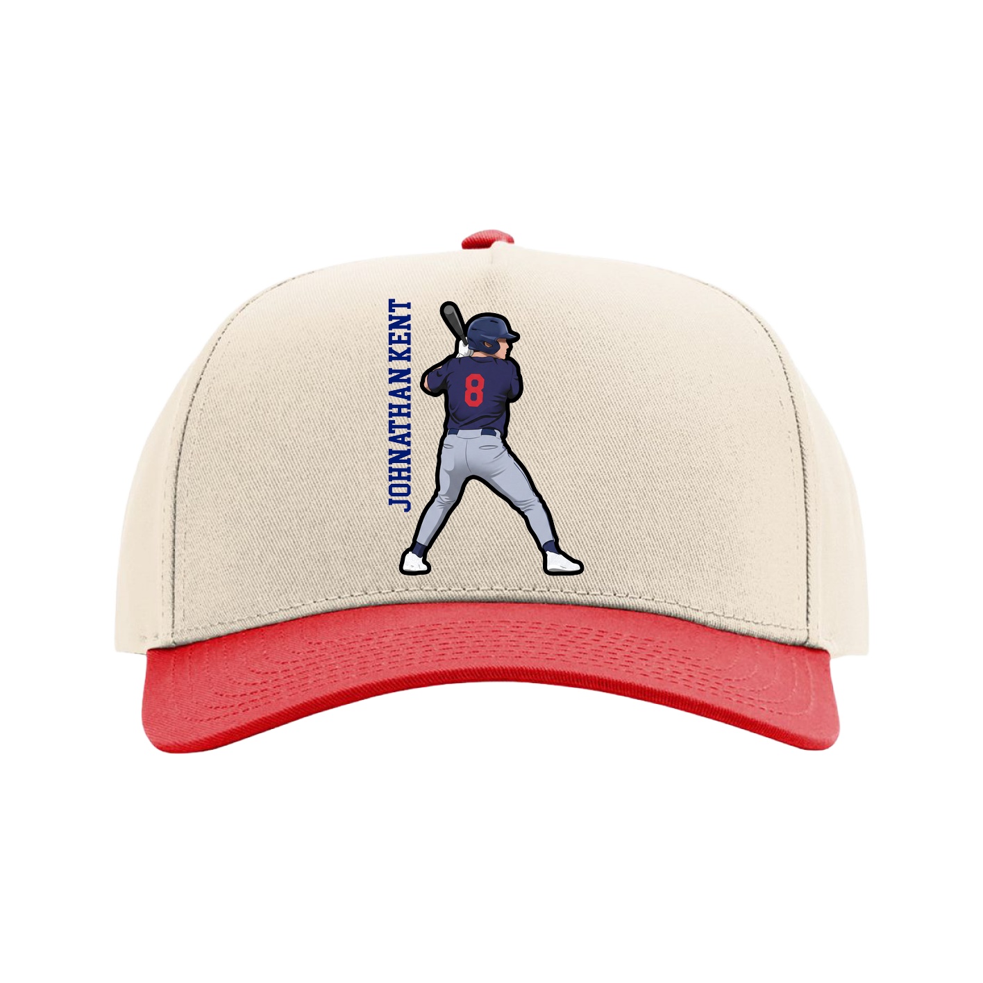 Full Fabric Five-Panel Champ Cap — Name Vertical in Cream/Red