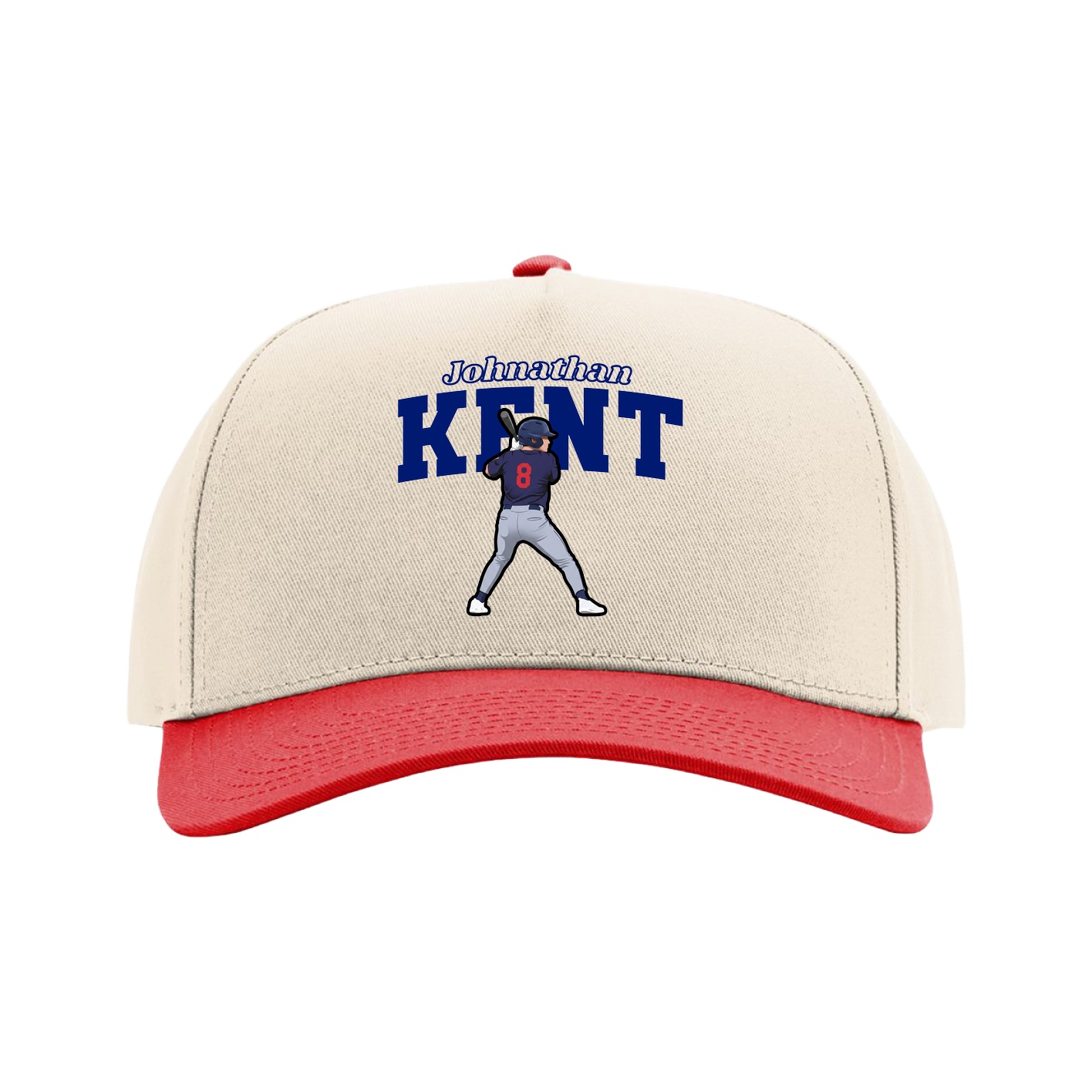 Full Fabric Five-Panel Champ Cap — Name Arch in Cream/Red