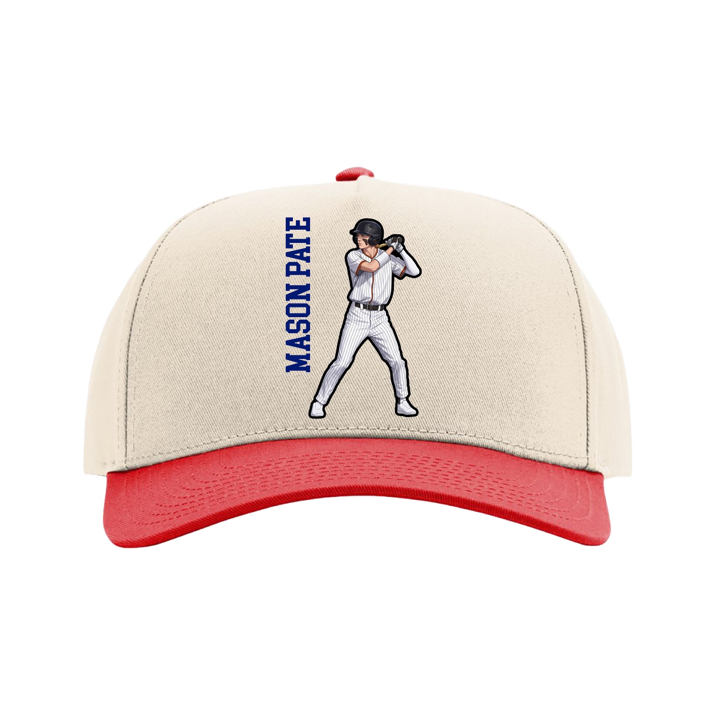 Full Fabric Five-Panel Champ Cap — Name Vertical in Cream/Red