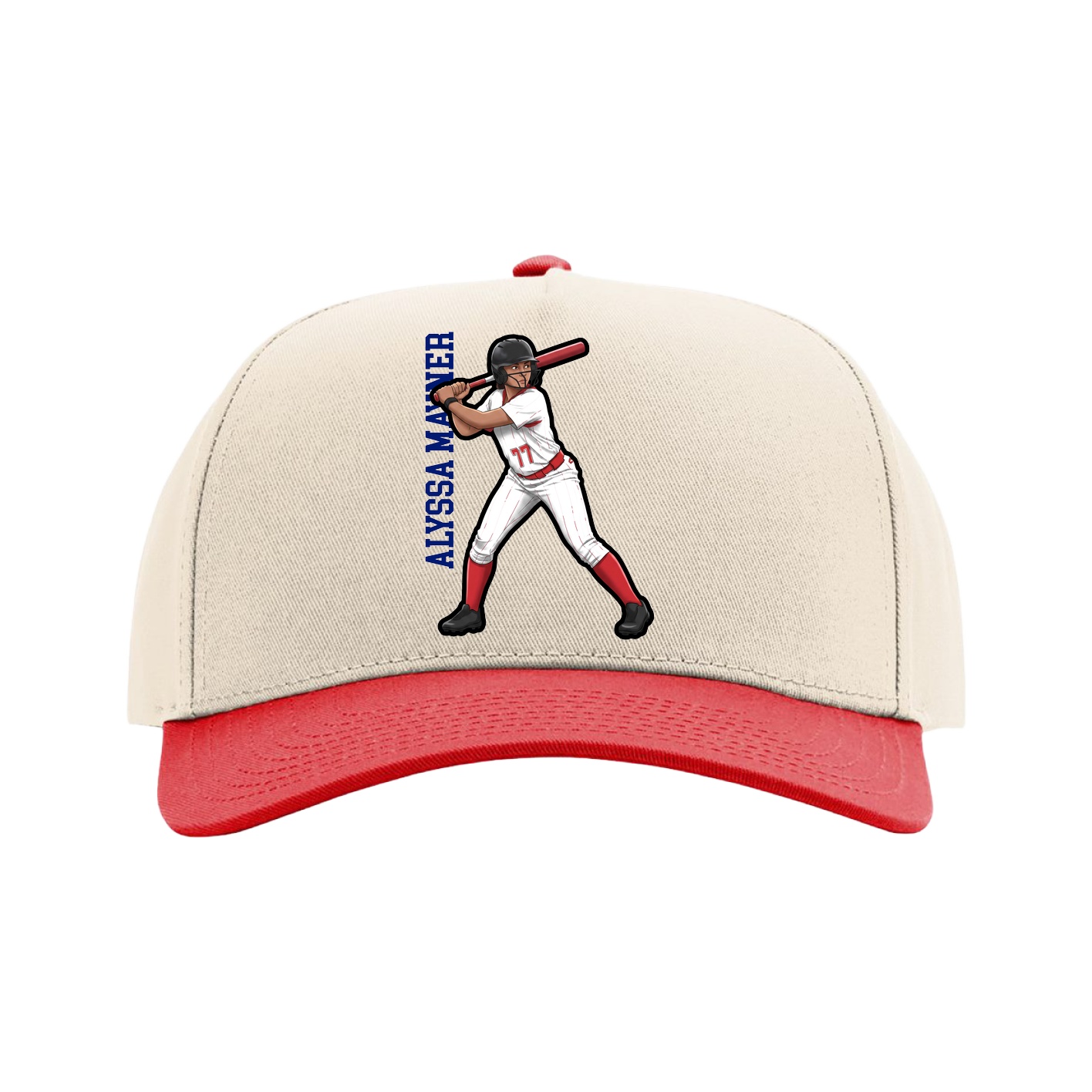 Full Fabric Five-Panel Champ Cap — Name Vertical in Cream/Red