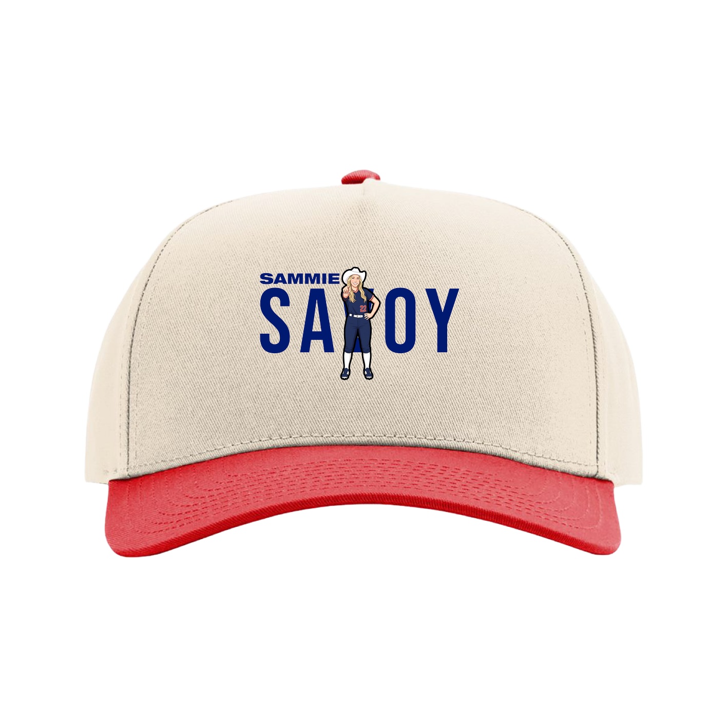 Full Fabric Five-Panel Champ Cap — Player Name in Cream/Red