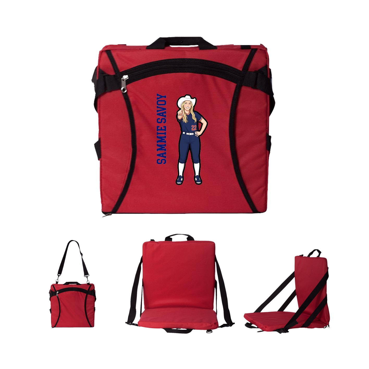 Folding Stadium Seat — Name Vertical in Red