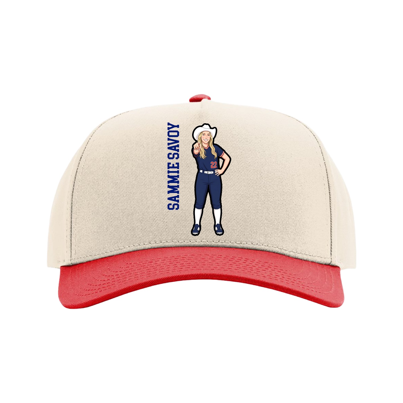 Full Fabric Five-Panel Champ Cap — Name Vertical in Cream/Red