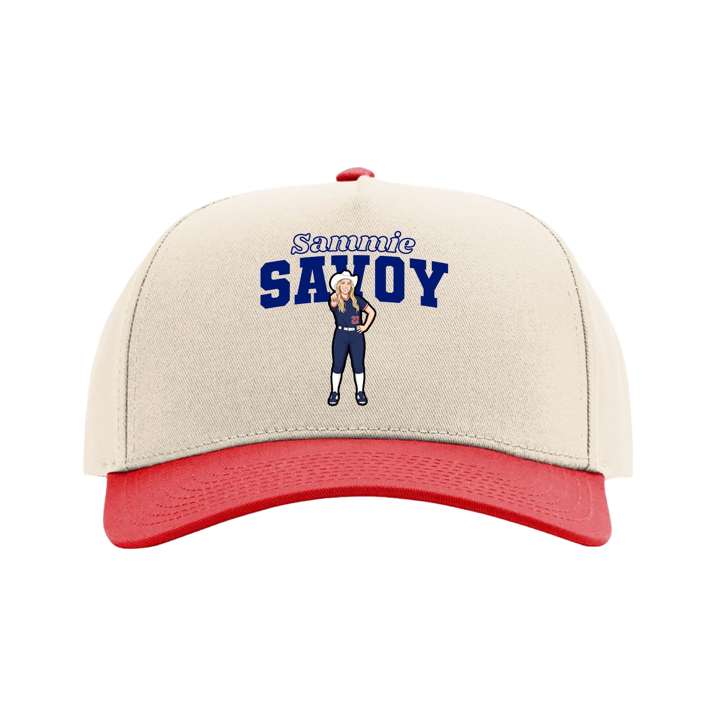 Full Fabric Five-Panel Champ Cap — Name Arch in Cream/Red