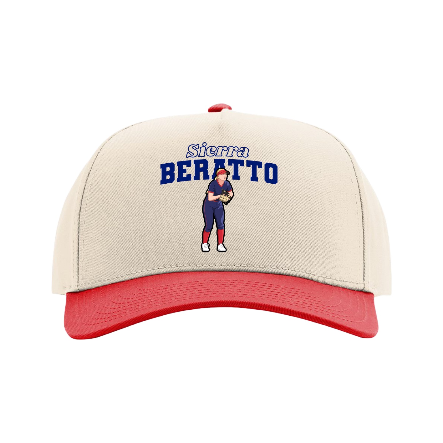 Full Fabric Five-Panel Champ Cap — Name Arch in Cream/Red