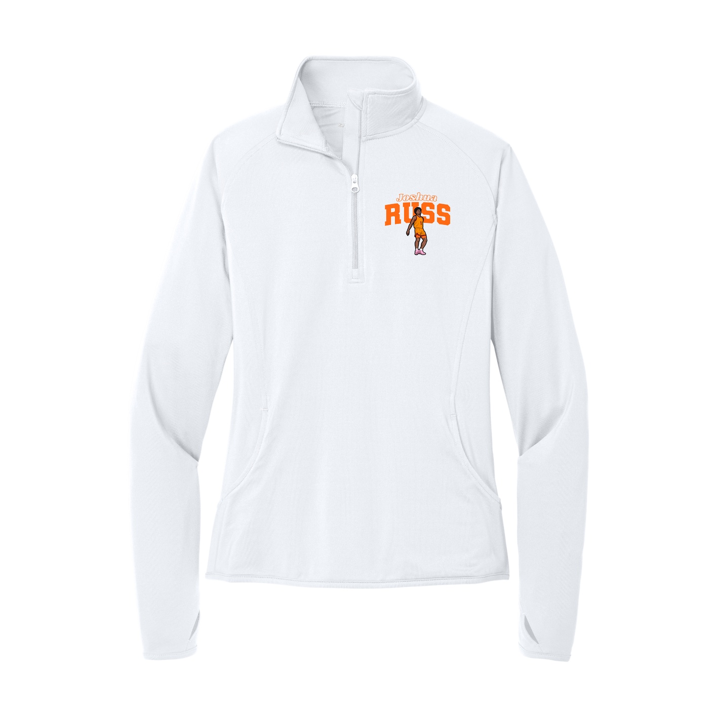 Women's Q-Zip Pullover — Name Arch in White