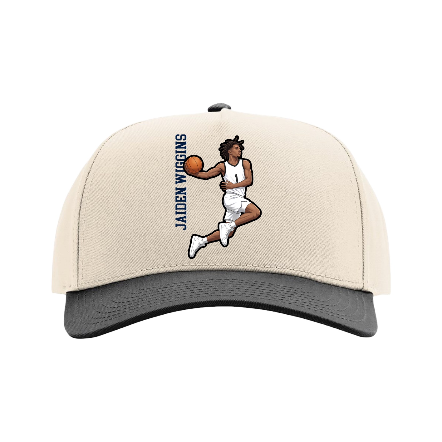 Full Fabric Five-Panel Champ Cap — Name Vertical in Cream/Black