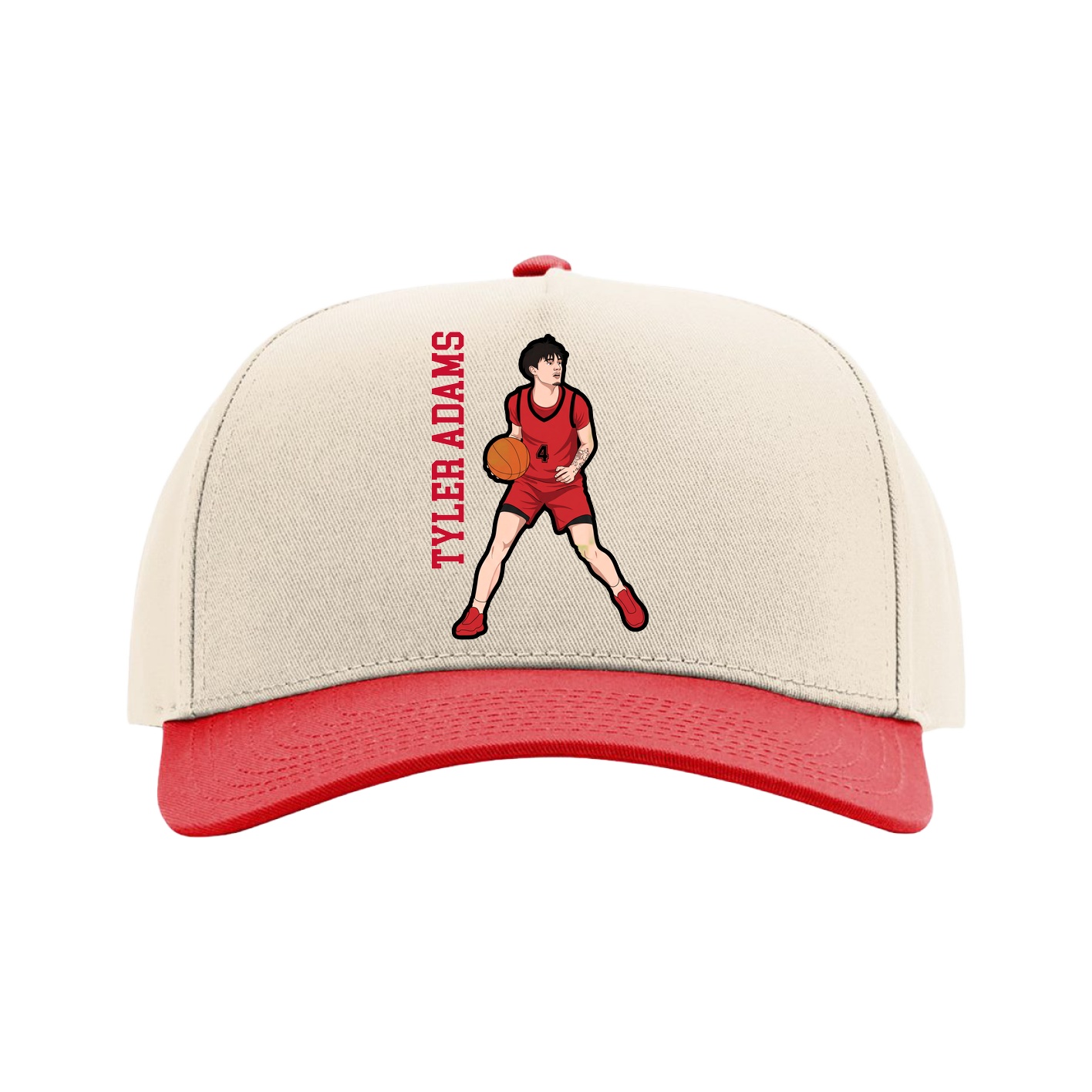 Full Fabric Five-Panel Champ Cap — Name Vertical in Cream/Red