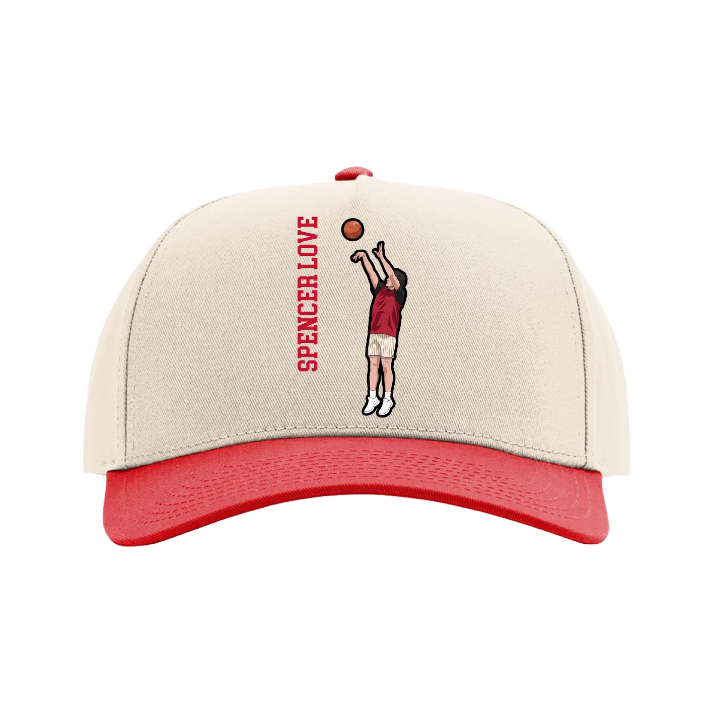 Full Fabric Five-Panel Champ Cap — Name Vertical in Cream/Red