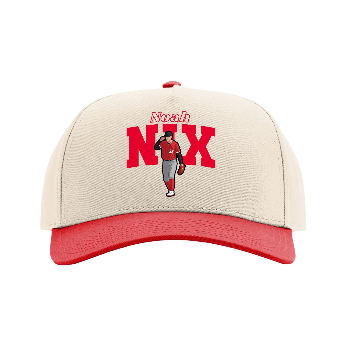 Full Fabric Five-Panel Champ Cap — Name Arch in Cream/Red