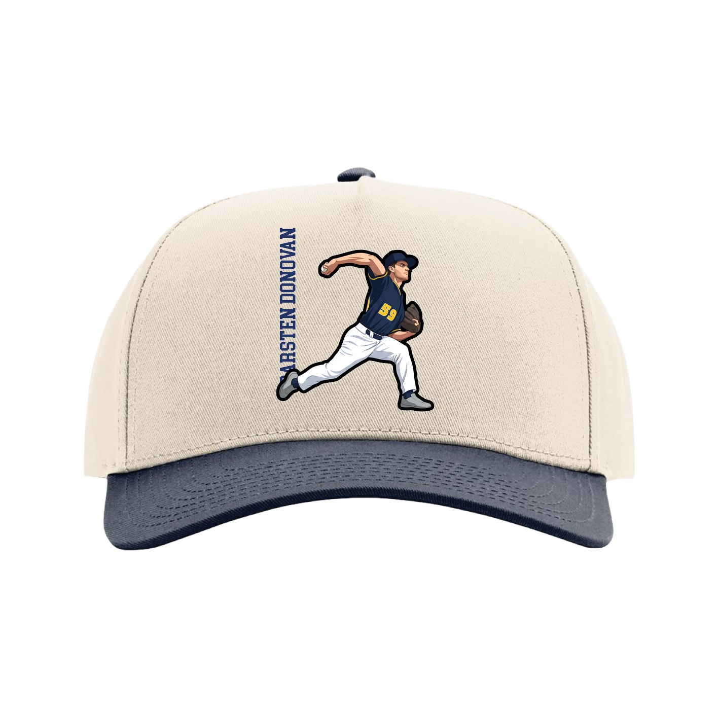 Full Fabric Five-Panel Champ Cap — Name Vertical in Cream/Navy