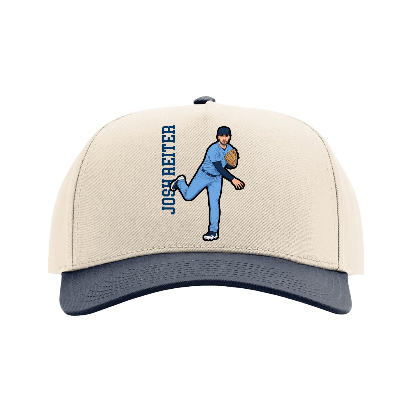 Full Fabric Five-Panel Champ Cap — Name Vertical in Cream/Navy