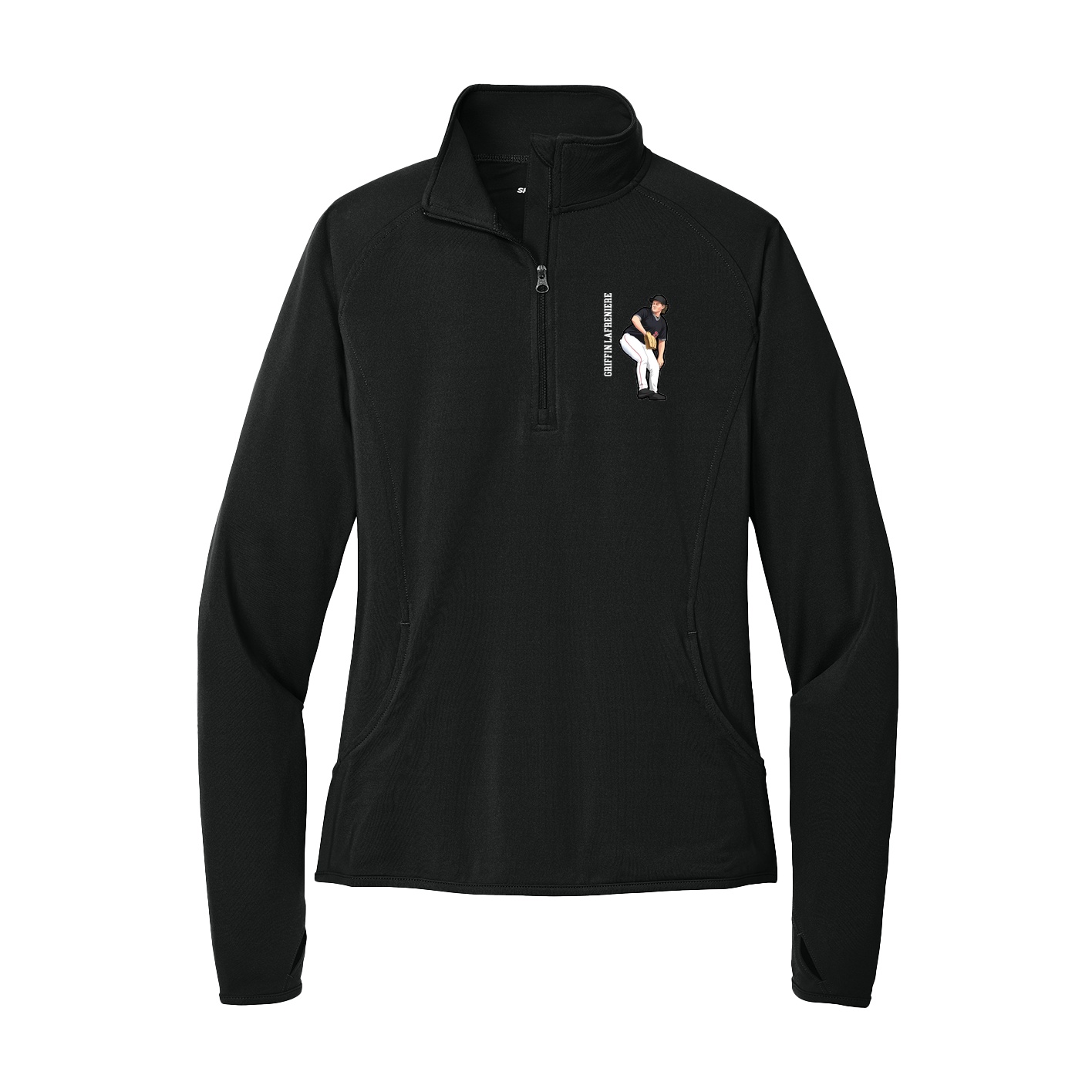 Women's Q-Zip Pullover — Name Vertical in Black