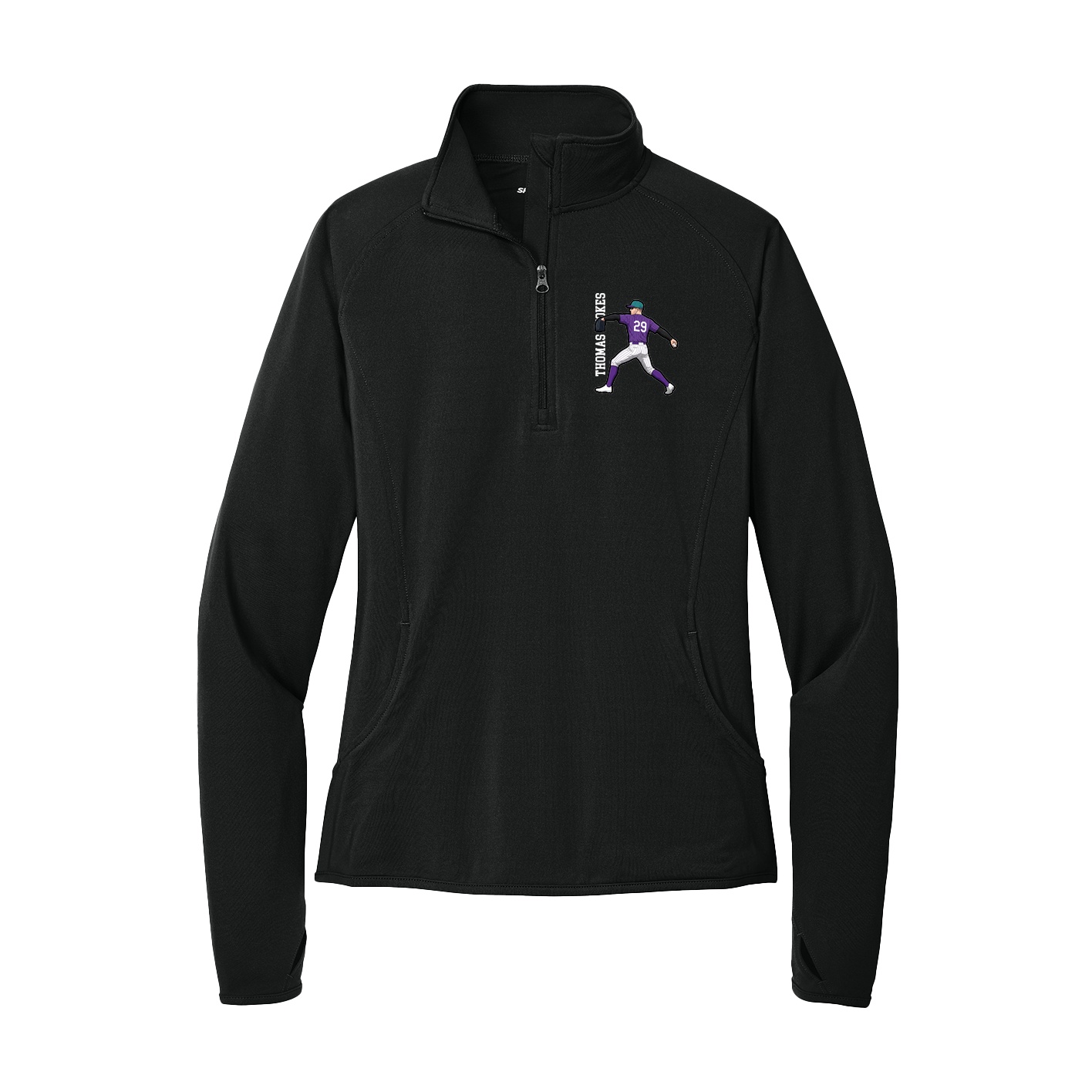 Women's Q-Zip Pullover — Name Vertical in Black