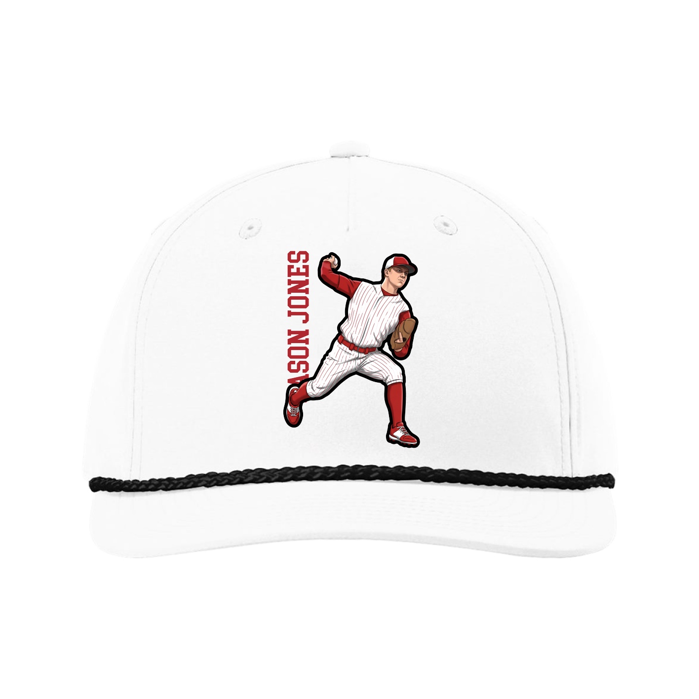 Five-Panel Classic Rope Cap — Name Vertical in White