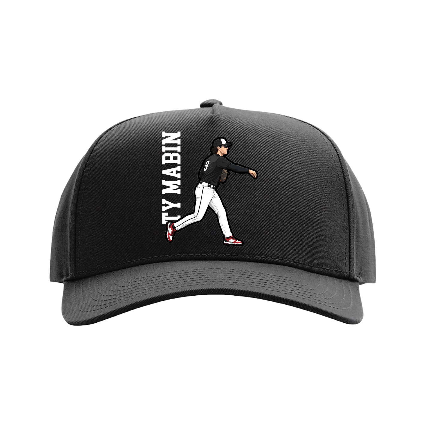 Full Fabric Five-Panel Champ Cap — Name Vertical in Black