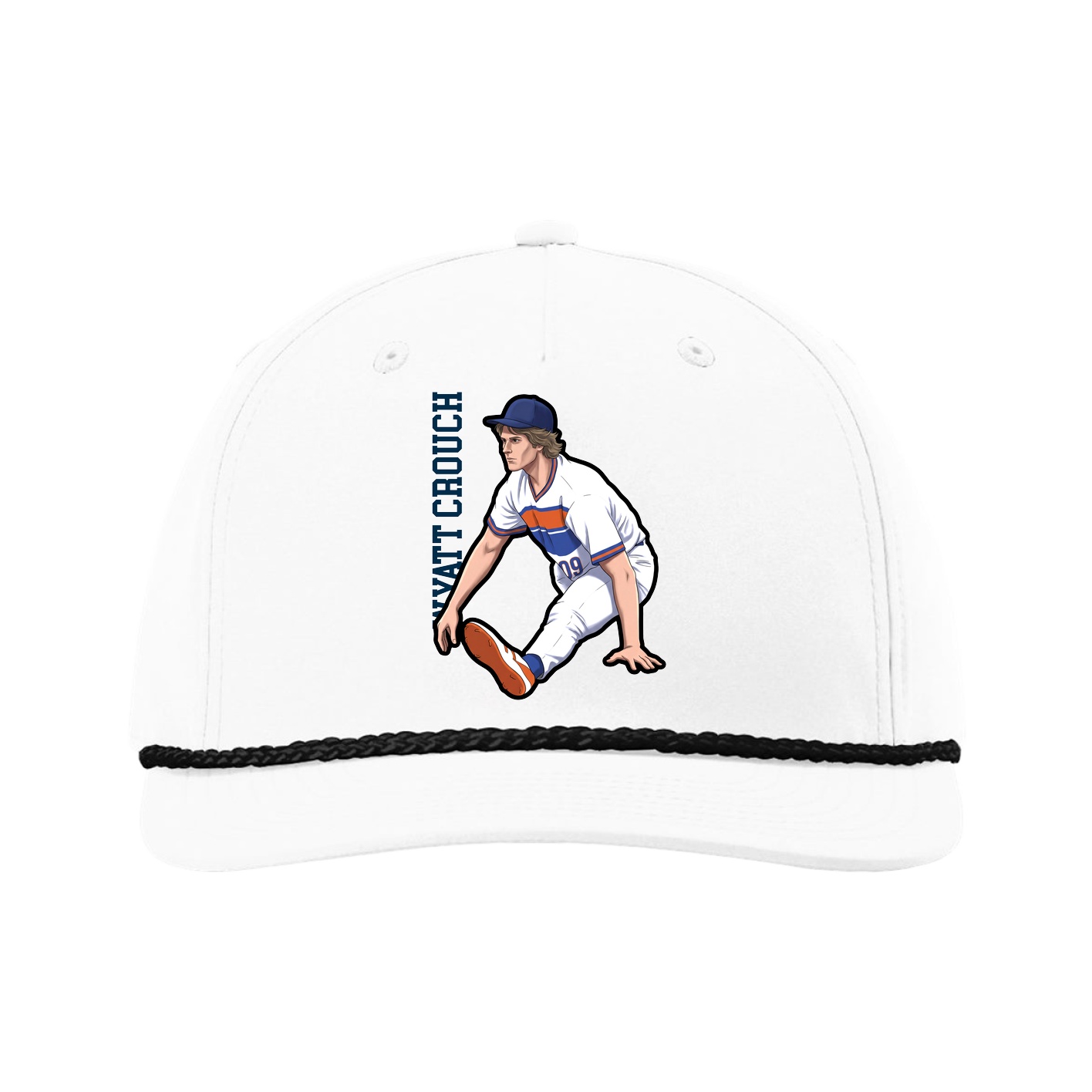 Five-Panel Classic Rope Cap — Name Vertical in White