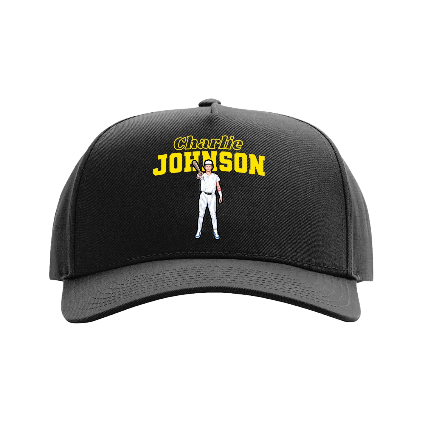 Full Fabric Five-Panel Champ Cap — Name Arch in Black