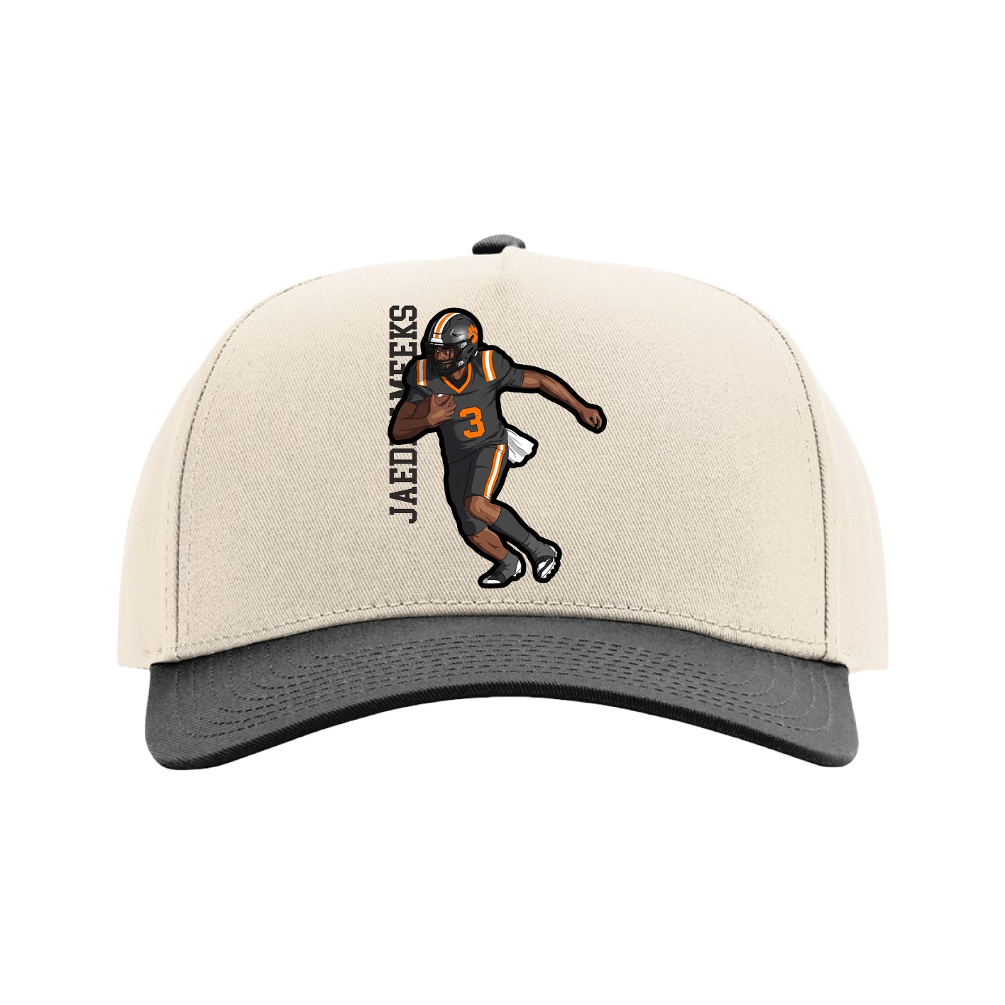 Full Fabric Five-Panel Champ Cap — Name Vertical in Cream/Black