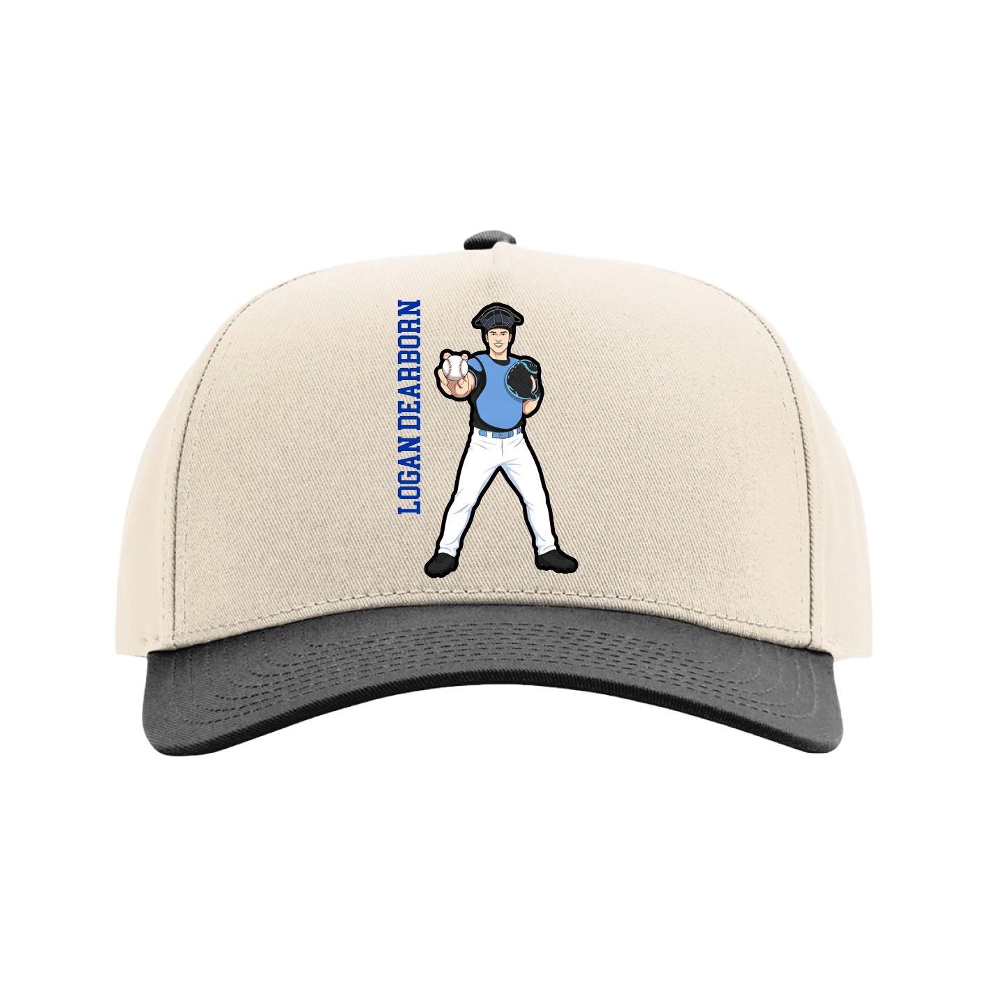 Full Fabric Five-Panel Champ Cap — Name Vertical in Cream/Black