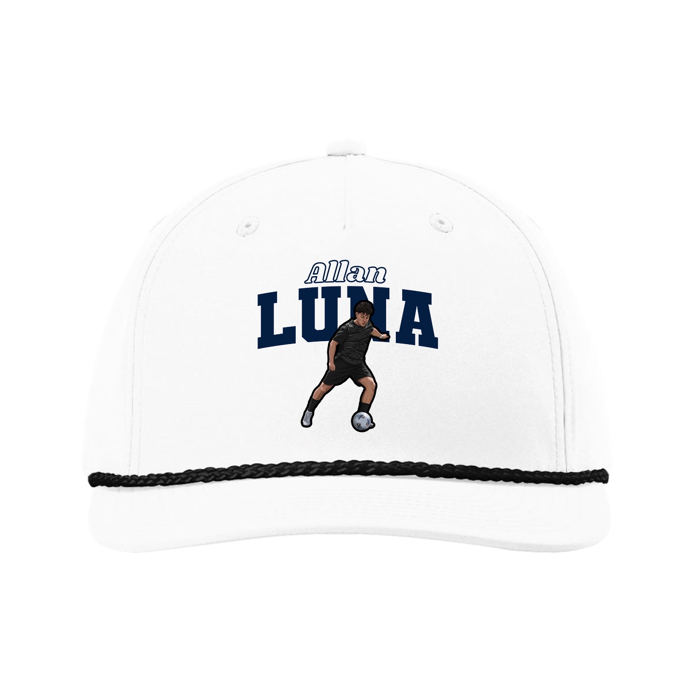 Five-Panel Classic Rope Cap — Name Arch in White