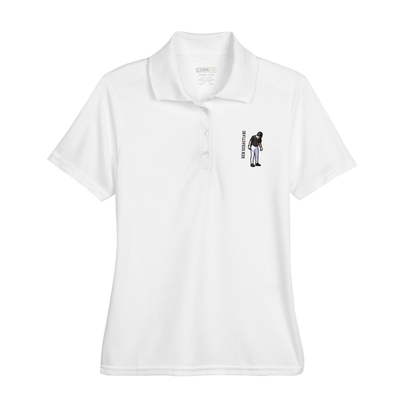 Womens Performance Polo — Name Vertical in White