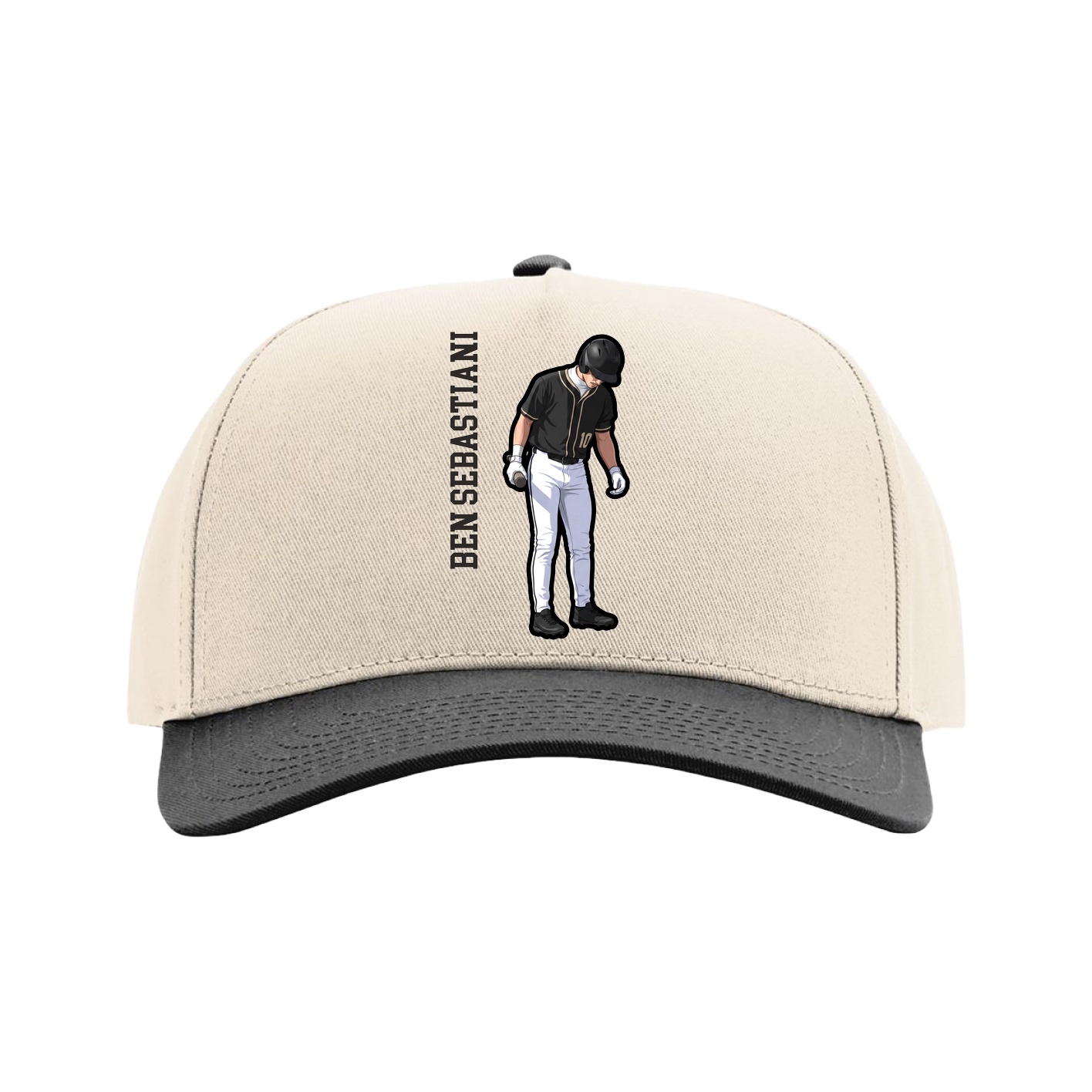 Full Fabric Five-Panel Champ Cap — Name Vertical in Cream/Black