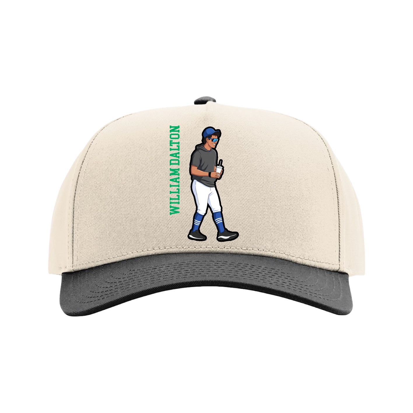 Full Fabric Five-Panel Champ Cap — Name Vertical in Cream/Black