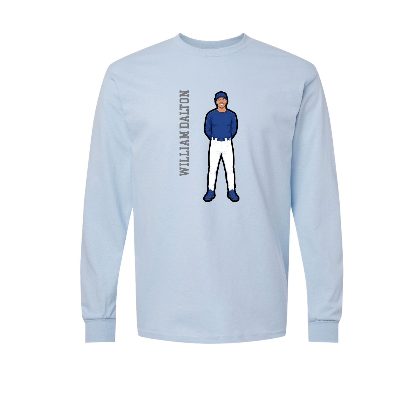 Long Sleeve Tee — Name Vertical in Light Blue