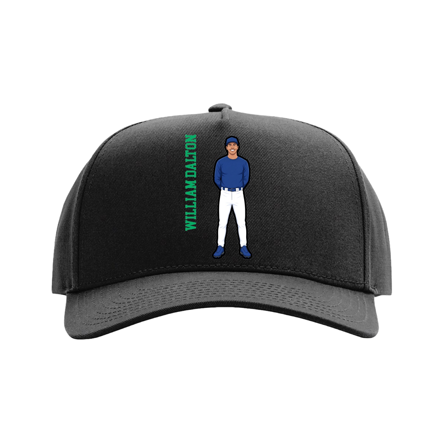 Full Fabric Five-Panel Champ Cap — Name Vertical in Black