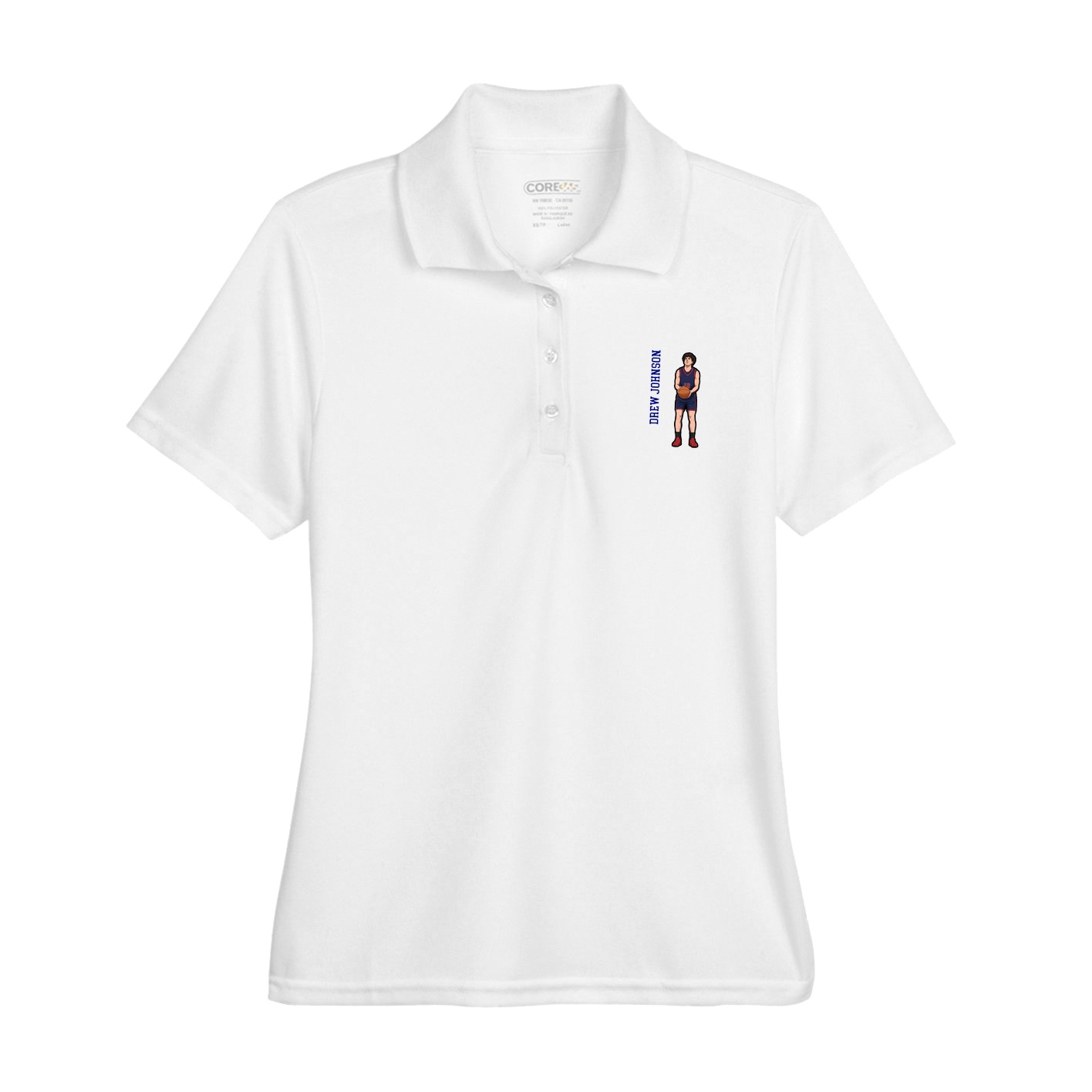 Womens Performance Polo — Name Vertical in White
