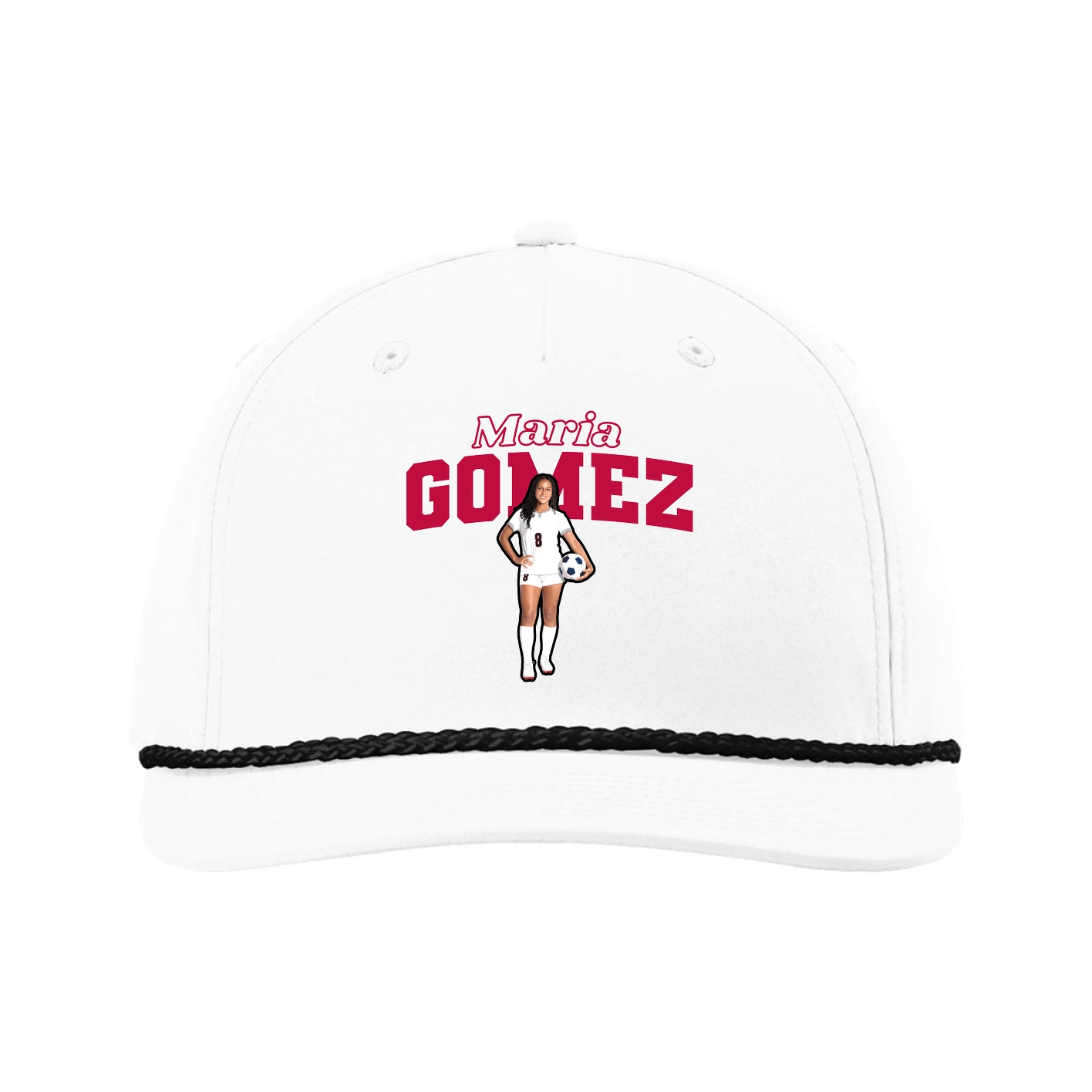 Five-Panel Classic Rope Cap — Name Arch in White