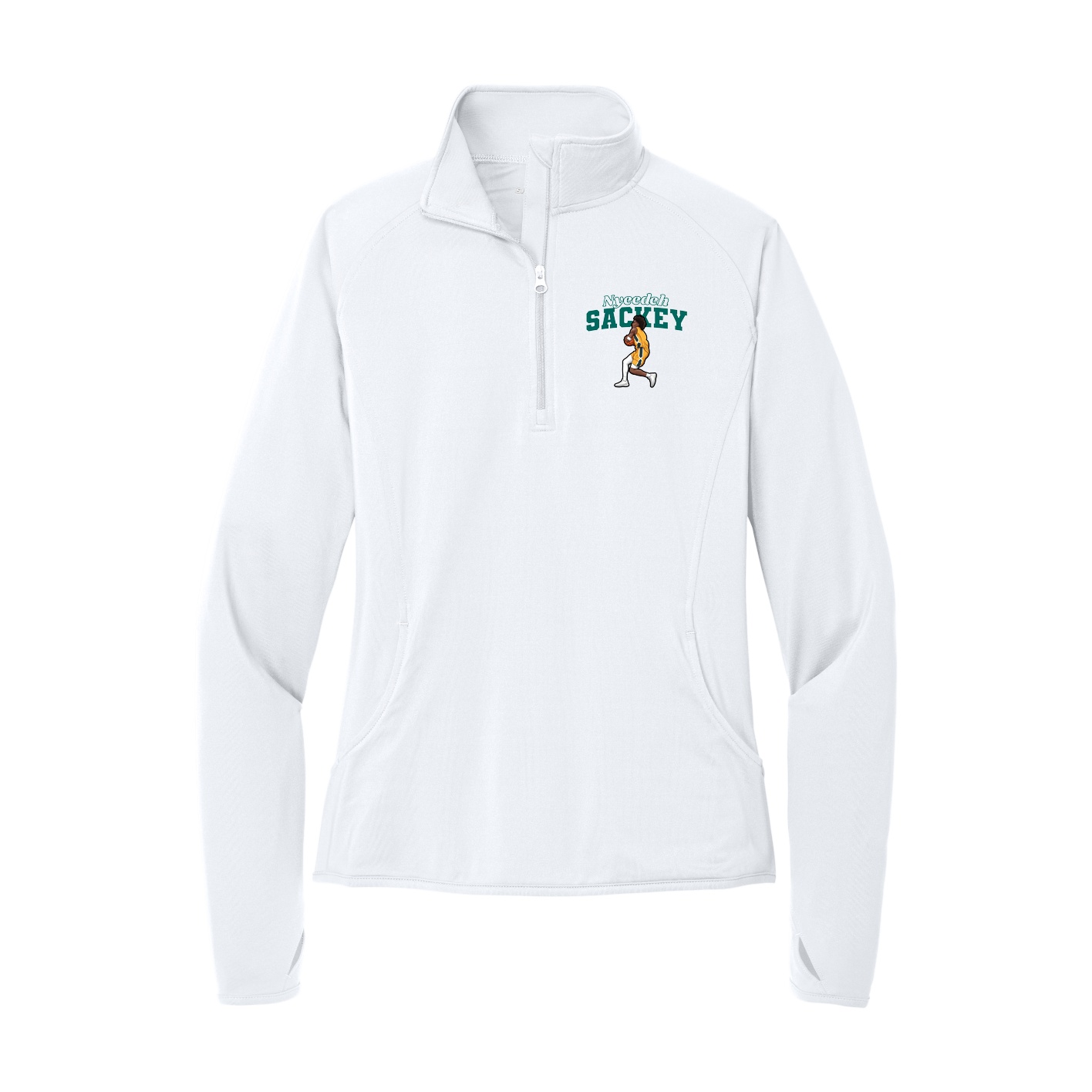 Women's Q-Zip Pullover — Name Arch in White