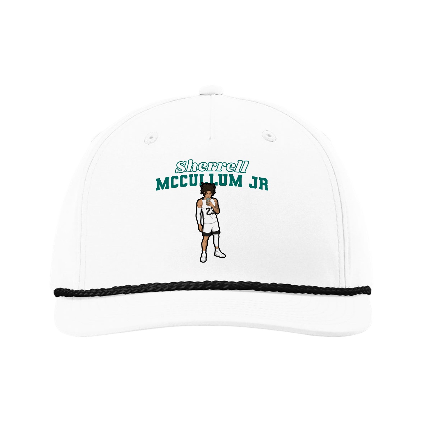 Five-Panel Classic Rope Cap — Name Arch in White