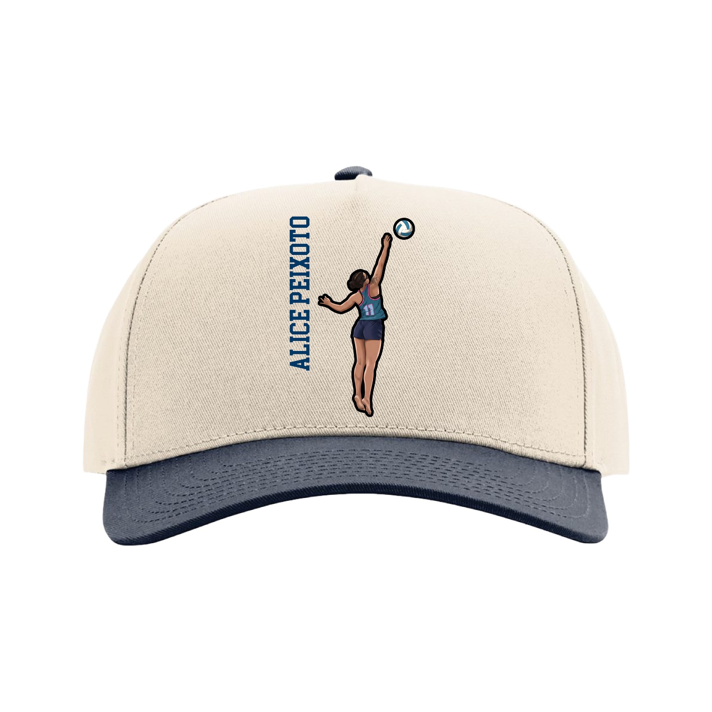 Full Fabric Five-Panel Champ Cap — Name Vertical in Cream/Navy